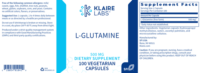 L-Glutamine 500 mg (Klaire Labs) Label