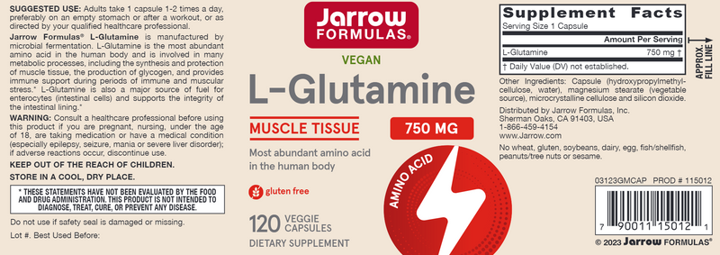 L-Glutamine 750 mg Jarrow Formulas label