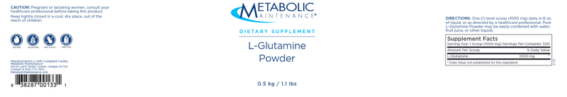 L-Glutamine Powder 1.1 lbs (Metabolic Maintenance) label