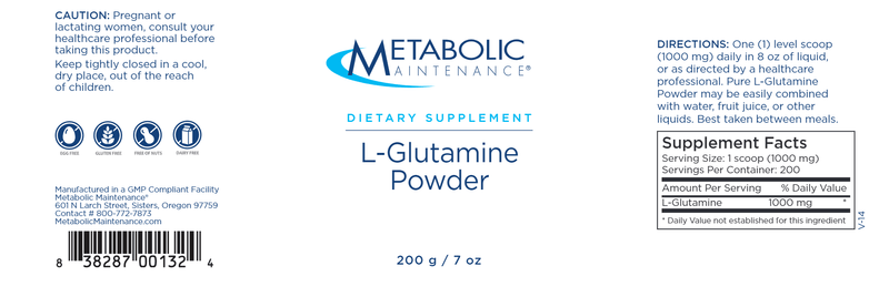 L-Glutamine Powder 200g (Metabolic Maintenance) label