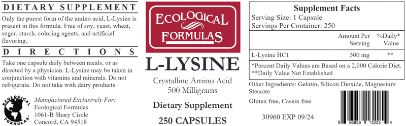 L-Lysine 500 mg (Ecological Formulas) Label