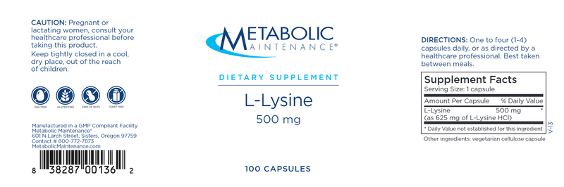 L-Lysine 500 mg (Metabolic Maintenance) label
