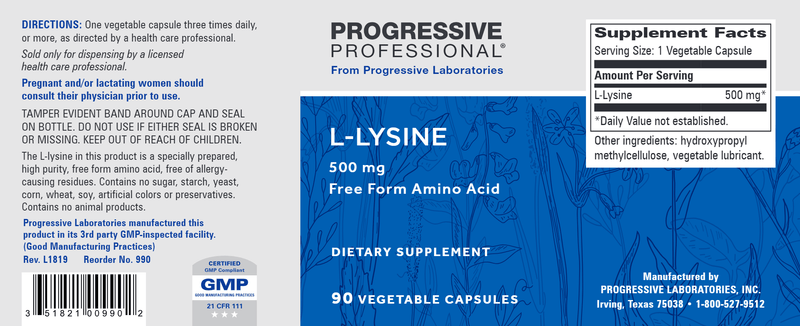 L-Lysine 500 mg (Progressive Labs) Label