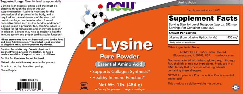 L-Lysine Powder (NOW) Label