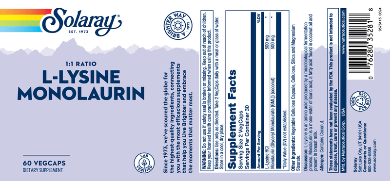l-lysine monolaurin 1:1 solaray label