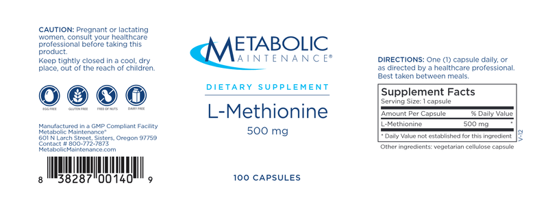 L-Methionine 500 mg (Metabolic Maintenance) label