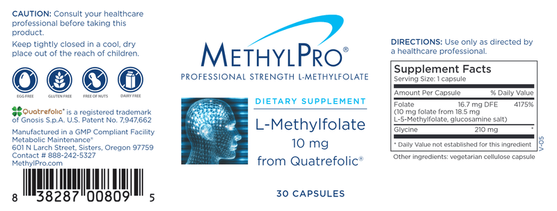L-Methylfolate 10 mg from Quatrefolic (MethylPro) label
