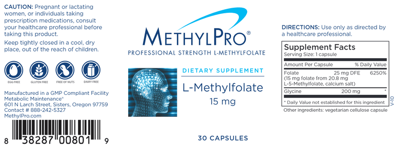 L-Methylfolate 15 mg (MethylPro) 30ct label