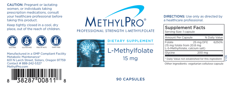 L-Methylfolate 15 mg (MethylPro) 90ct label