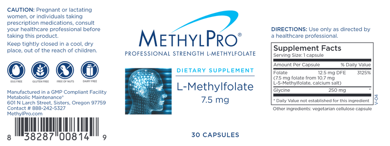 L-Methylfolate 7.5 mg (MethylPro) 30ct label