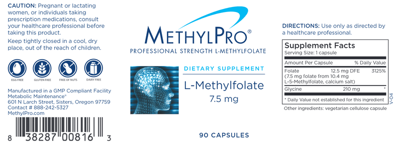L-Methylfolate 7.5 mg (MethylPro) 90ct label