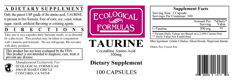 L-Taurine 500 mg (Ecological Formulas) Label