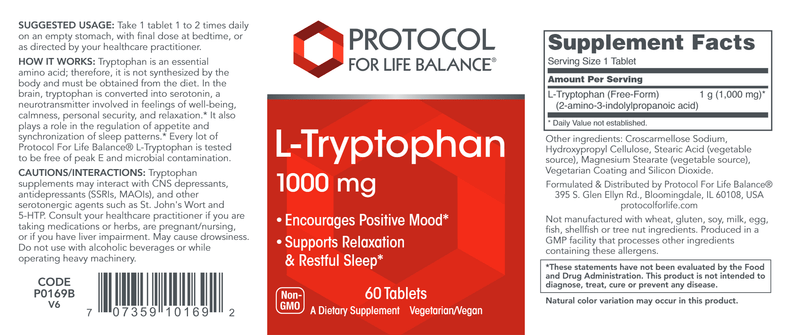 L-Tryptophan 1000 mg (Protocol for Life Balance) Label