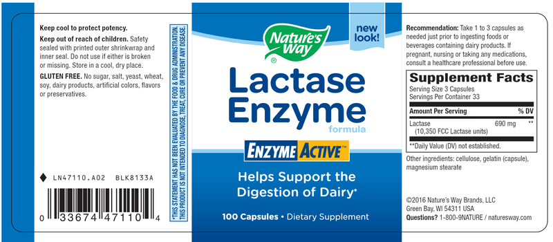 Lactase Enzyme 100 capsules (Nature's Way) label