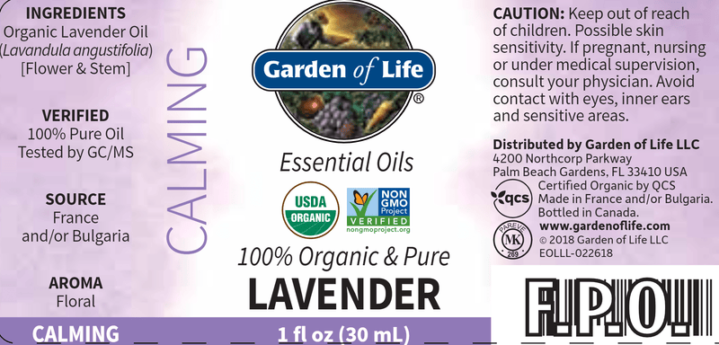 lavender essential oil garden of life label