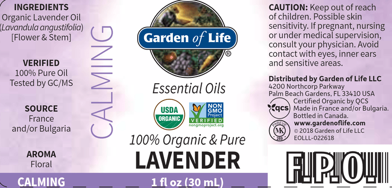 Lavender Essential Oil Organic (Garden of Life) Label