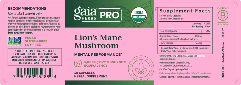 lion's mane mushroom gaia herbs pro label