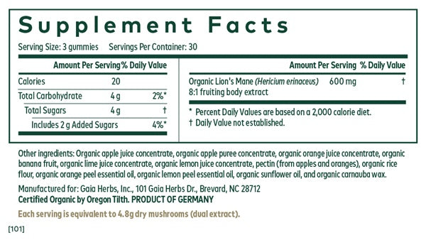 lion's mane pro gaia herbs supplement facts