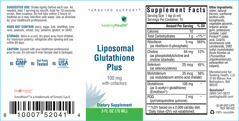Liposomal Glutathione Plus Seeking Health Label