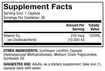 BACKORDER ONLY - Liposomal Vitamin D3 10,000 IU Supplement Facts Label