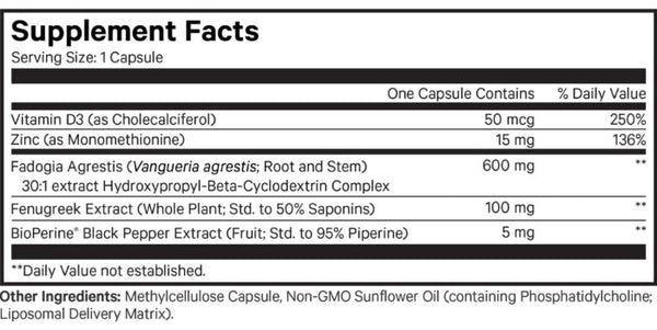 Liposomal Fadogia Agrestis+ Supplement Facts Label