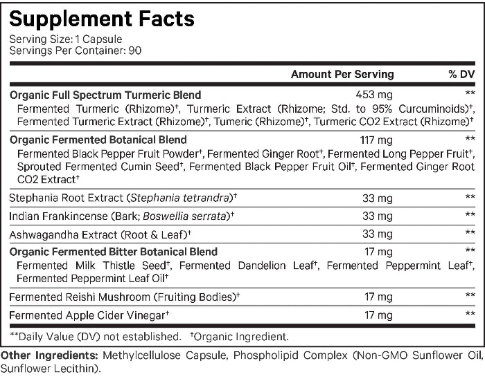 Liposomal Fermented Turmeric Supplement Facts Label