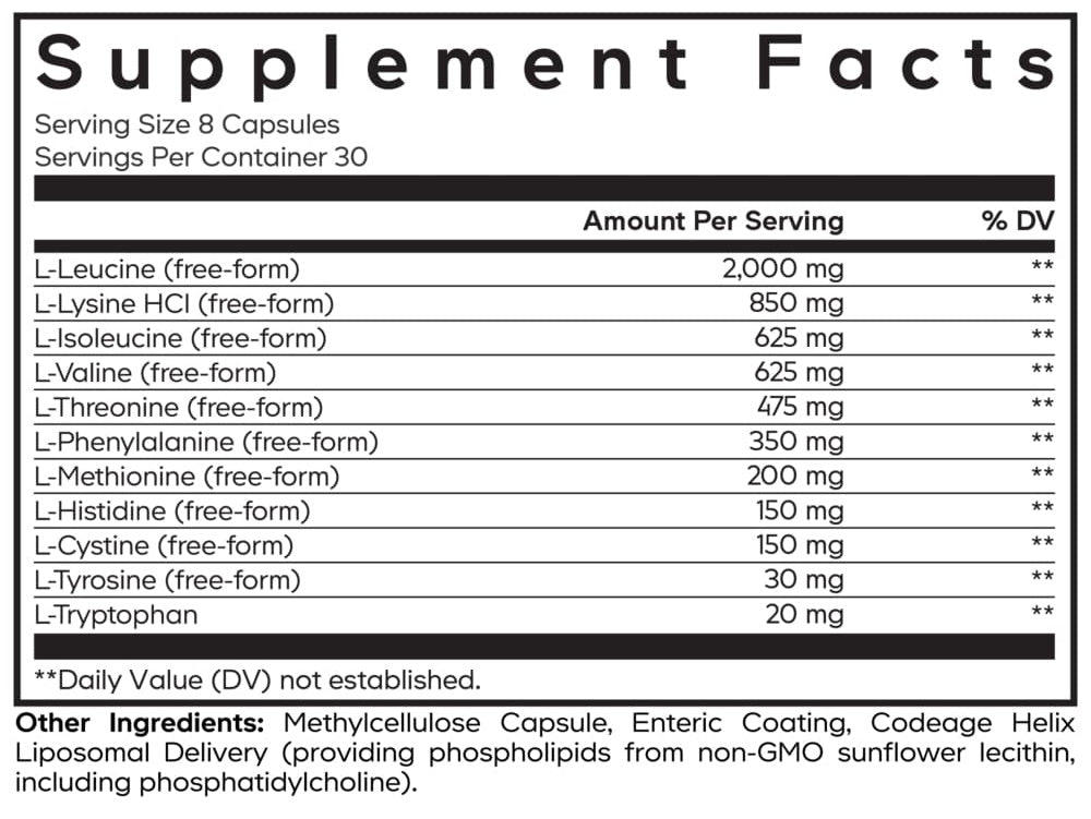 Liposomal Multi Amino+ Supplement Facts Label