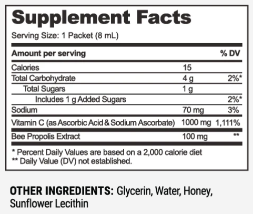 Propolis Liposomal + Vitamin C Supplement Facts Label