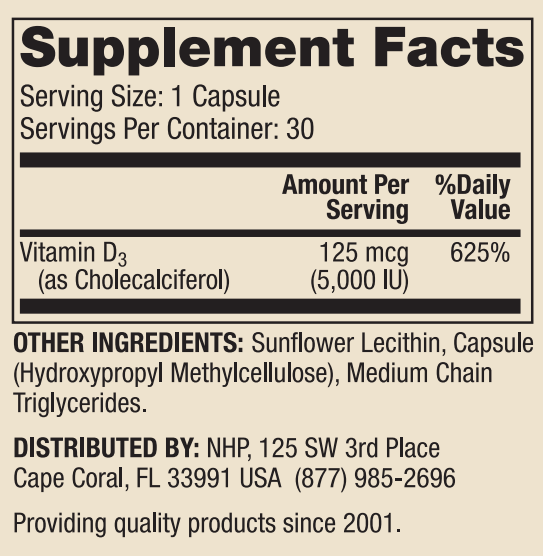Liposomal Vitamin D3 5000 IU Supplement Facts Label
