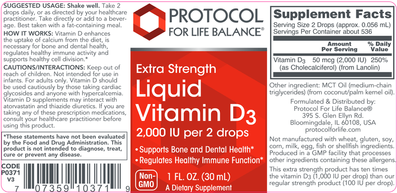Liquid Vitamin D-3 2,000 IU (Protocol for Life Balance) Label