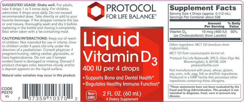 Liquid Vitamin D3 (Protocol for Life Balance) Label