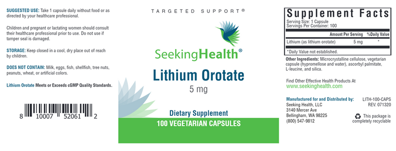 Lithium Orotate 5 mg Seeking Health Label