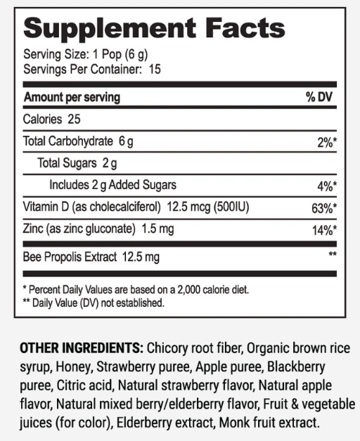 Kid’s Propolis Soothing Lollipops Supplement Facts Label