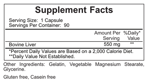 Lyophilized Bovine Liver Supplement Facts Label