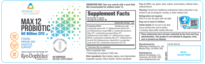 MAX 12 Probiotic (Metabolic Code) label