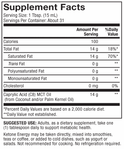 Biothin Ketone Energy MCT Oil Supplement Facts Label