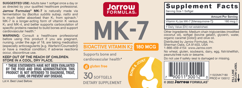 MK-7 180 mcg Jarrow Formulas label