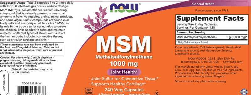 MSM 1000 mg (NOW) Label
