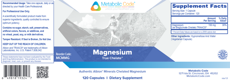 Magnesium Bisglycinate Chelate (Metabolic Code) Supplement Facts