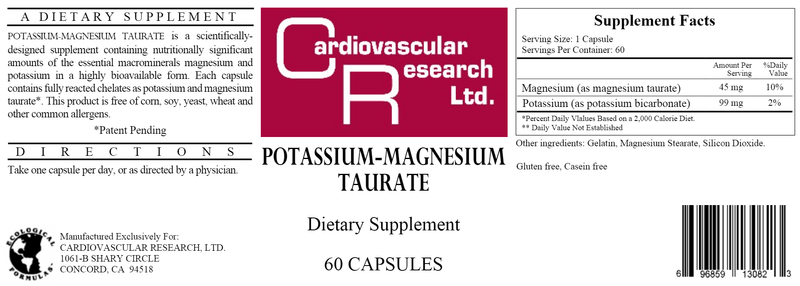 Magnesium-Potassium Taurate (Ecological Formulas) Label