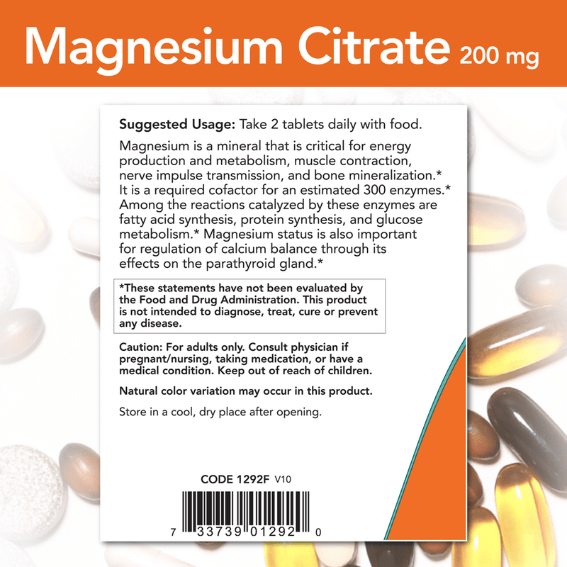 Magnesium Citrate 200 mg Tablets (NOW) Label