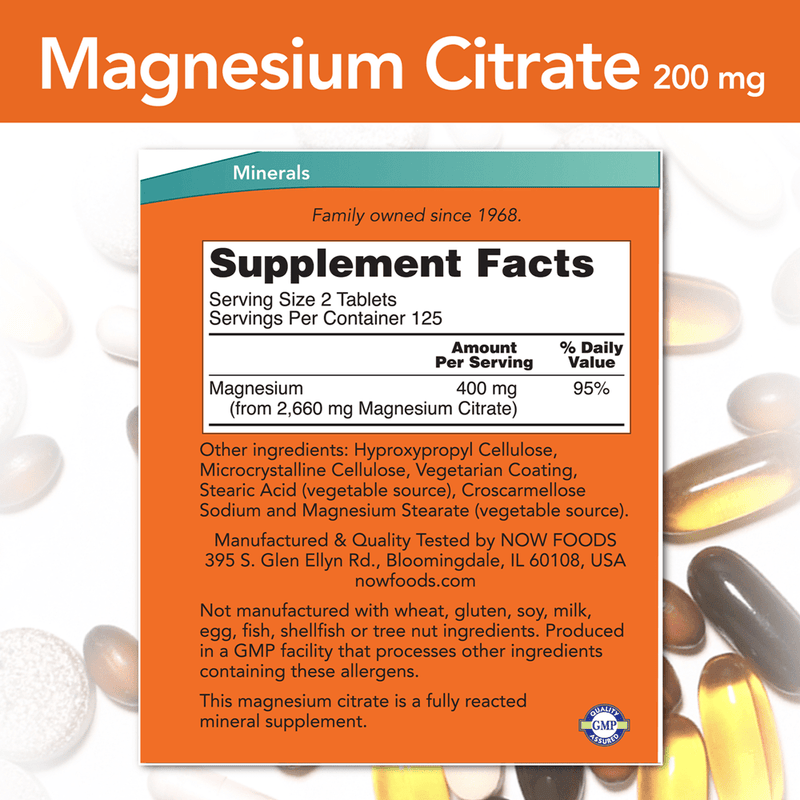 Magnesium Citrate 200 mg Tablets (NOW) Supplement Facts