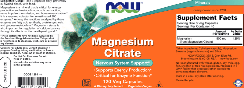 Magnesium Citrate Capsules (NOW) Label