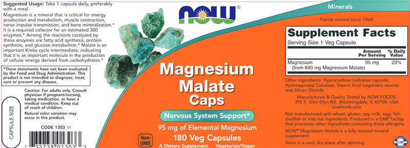 Magnesium Malate Caps (NOW) Label