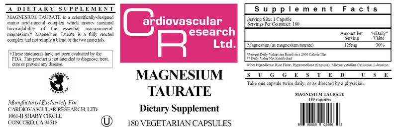Magnesium Taurate 125 mg (Ecological Formulas) 60ct Label