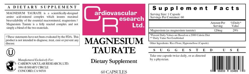 Magnesium Taurate 125 mg (Ecological Formulas) 180ct Label
