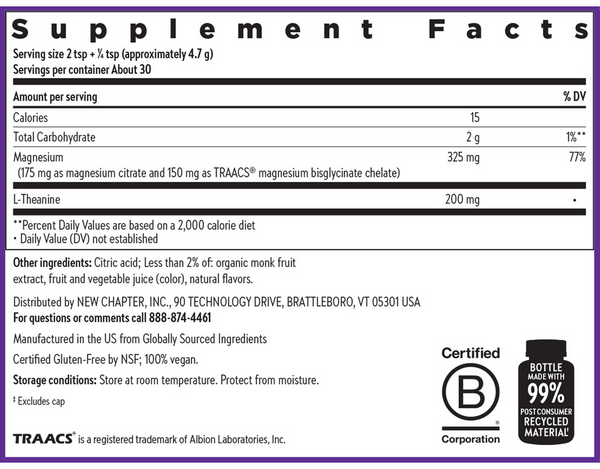 Magnesium + L-Theanine Powder Supplement Facts Label
