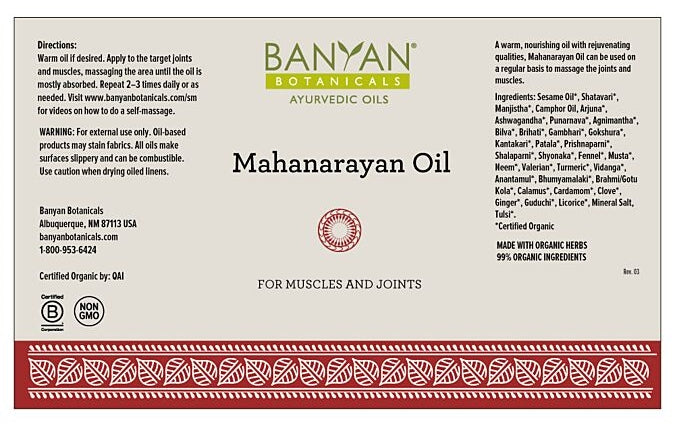 Mahanarayan Oil (Banyan Botanicals) label
