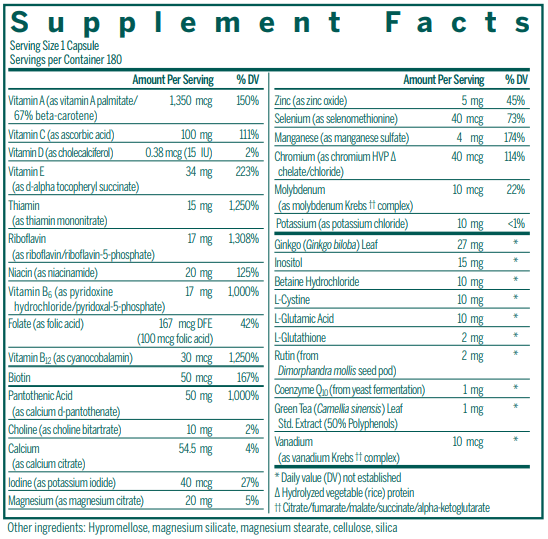 Maxum Multi Vite 180 supplement facts Genestra