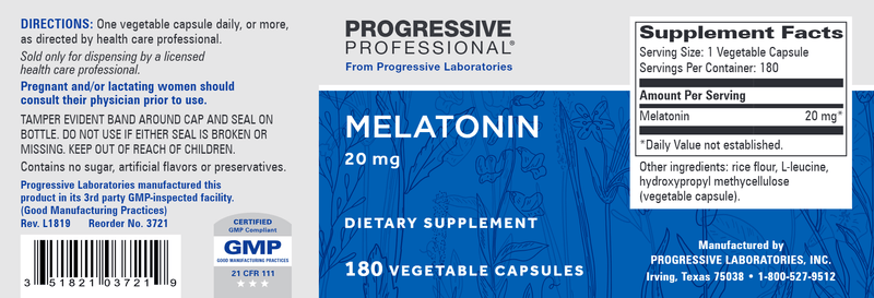 Melatonin 20 mg (Progressive Labs) 180ct Label
